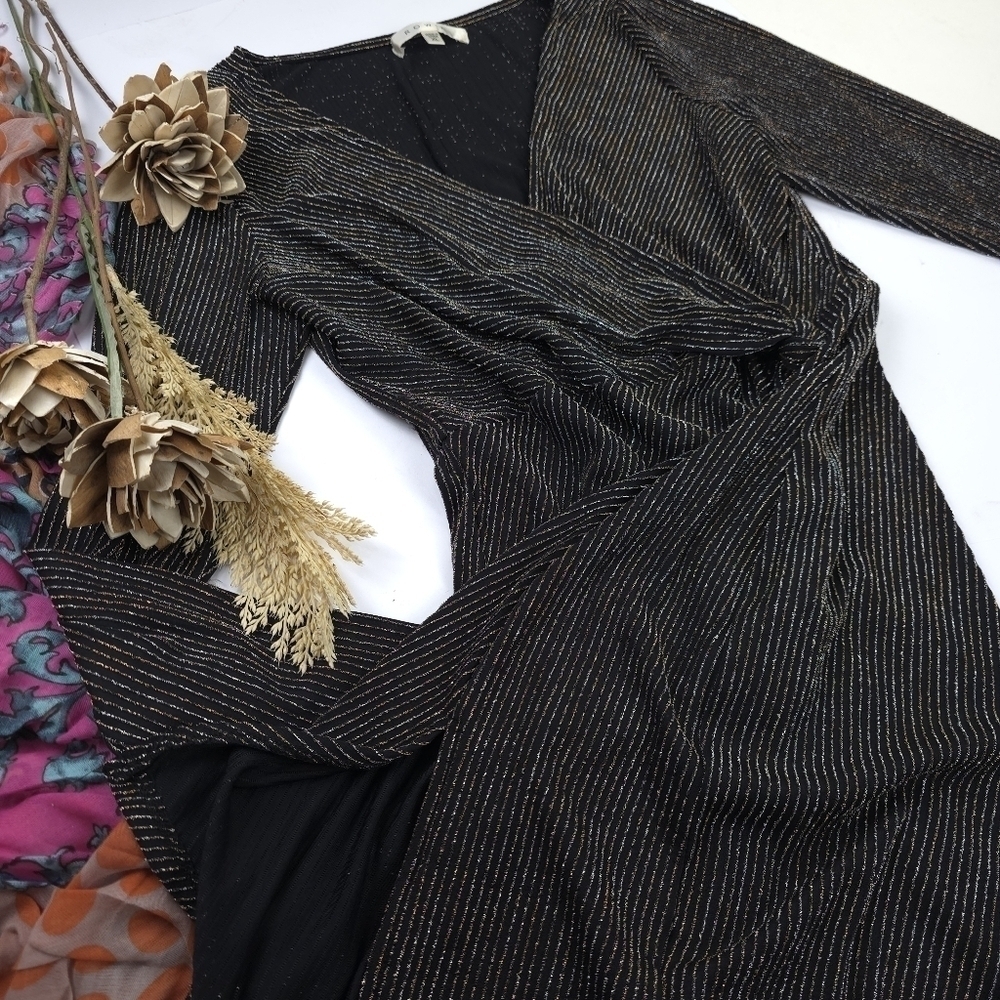 Row A Dark Brown Elegant Silver and Gold Shimmer Stripe Women's Dress Sz XL - Picture 9 of 10